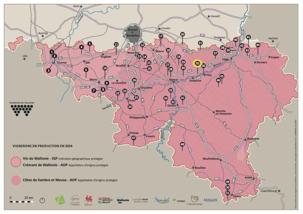 Carte des vignobles belges 2024